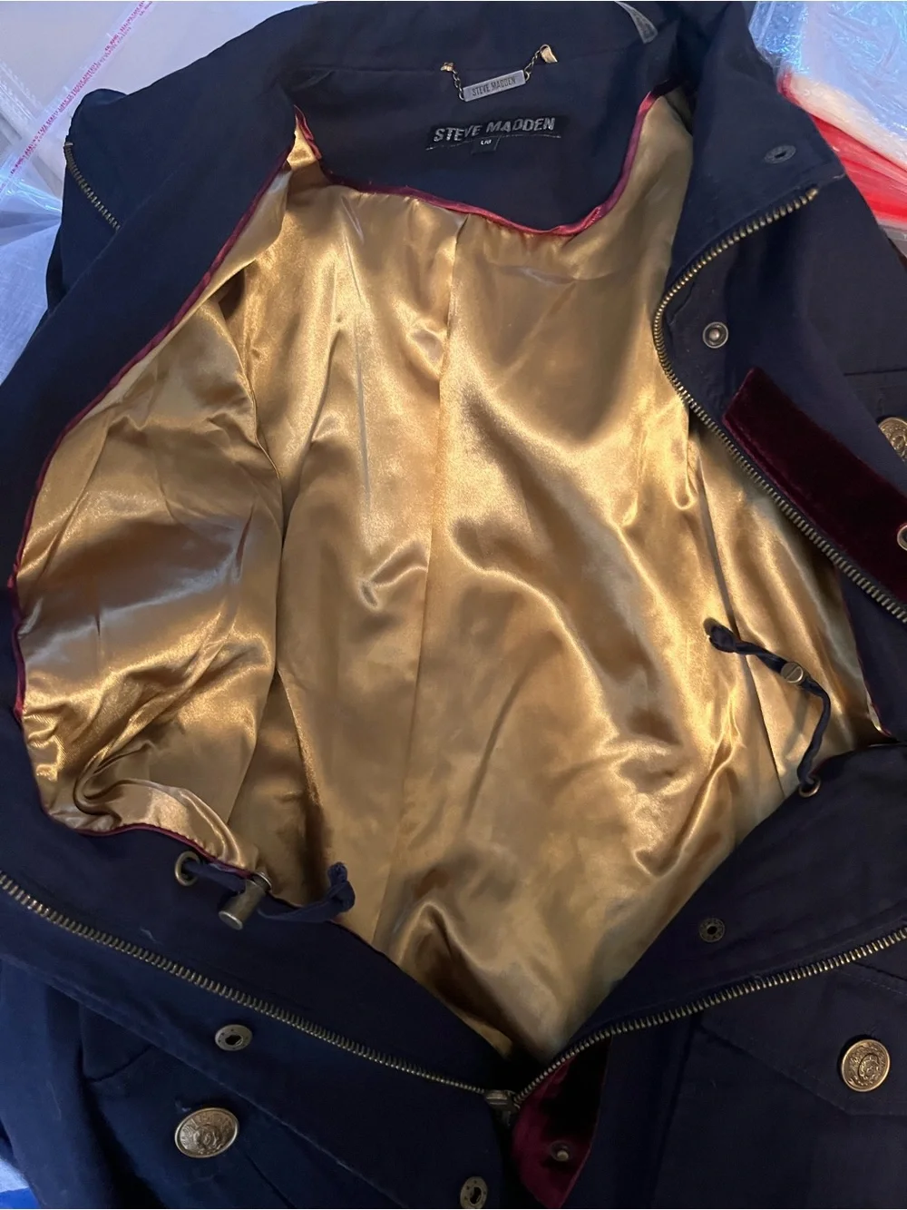 Steve Madden Navy Military Jacket with gold accents, women’s size large.